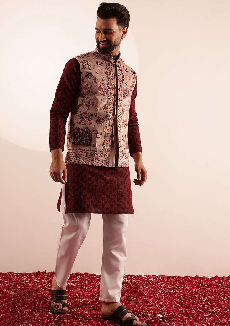 Red Printed Poly Blend Kurta Set For Men - Indya