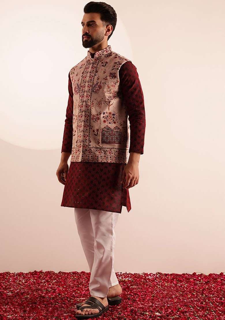 Red Printed Poly Blend Kurta Set For Men - Indya