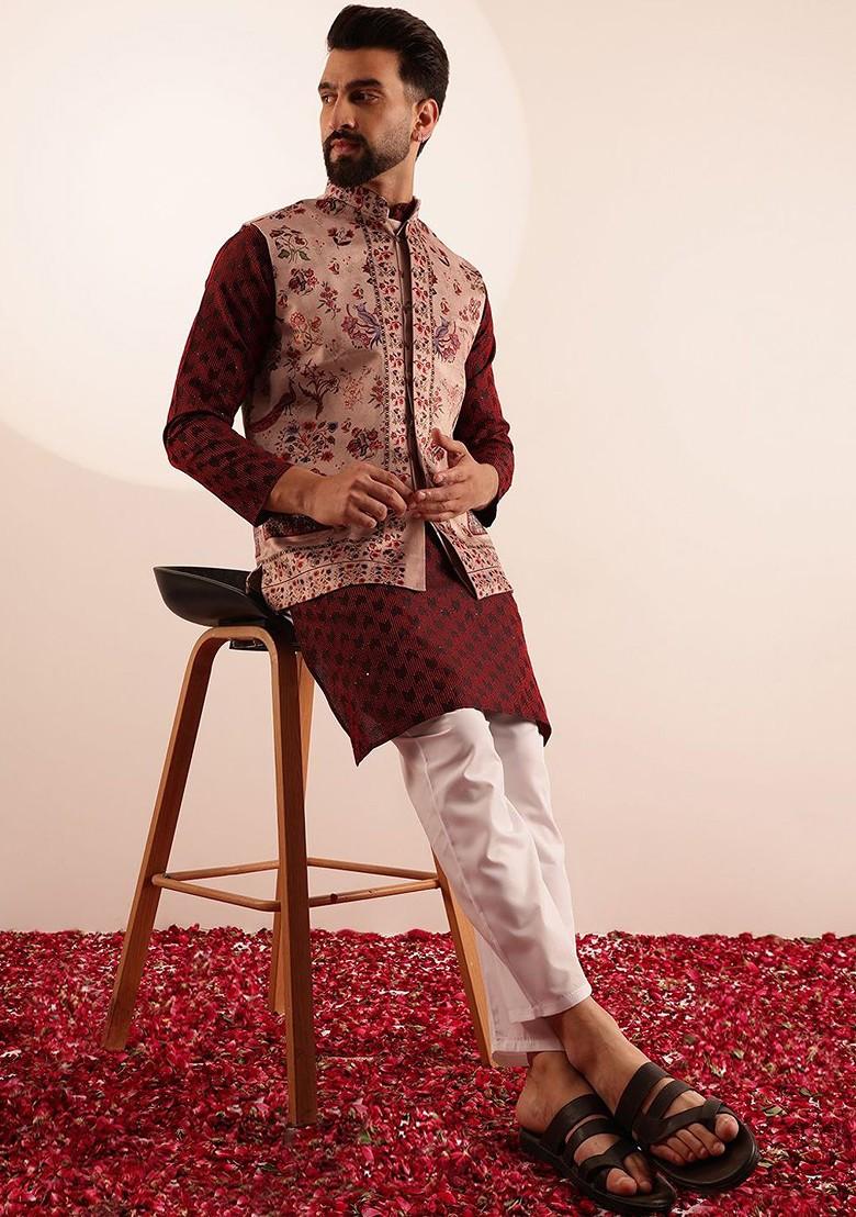 Red Printed Poly Blend Kurta Set For Men