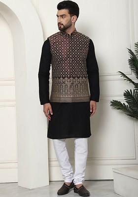 Black Thread Work Cotton Kurta Set For Men