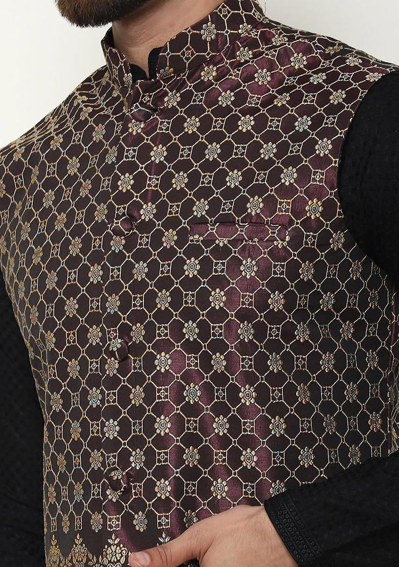 Black Thread Work Cotton Kurta Set For Men