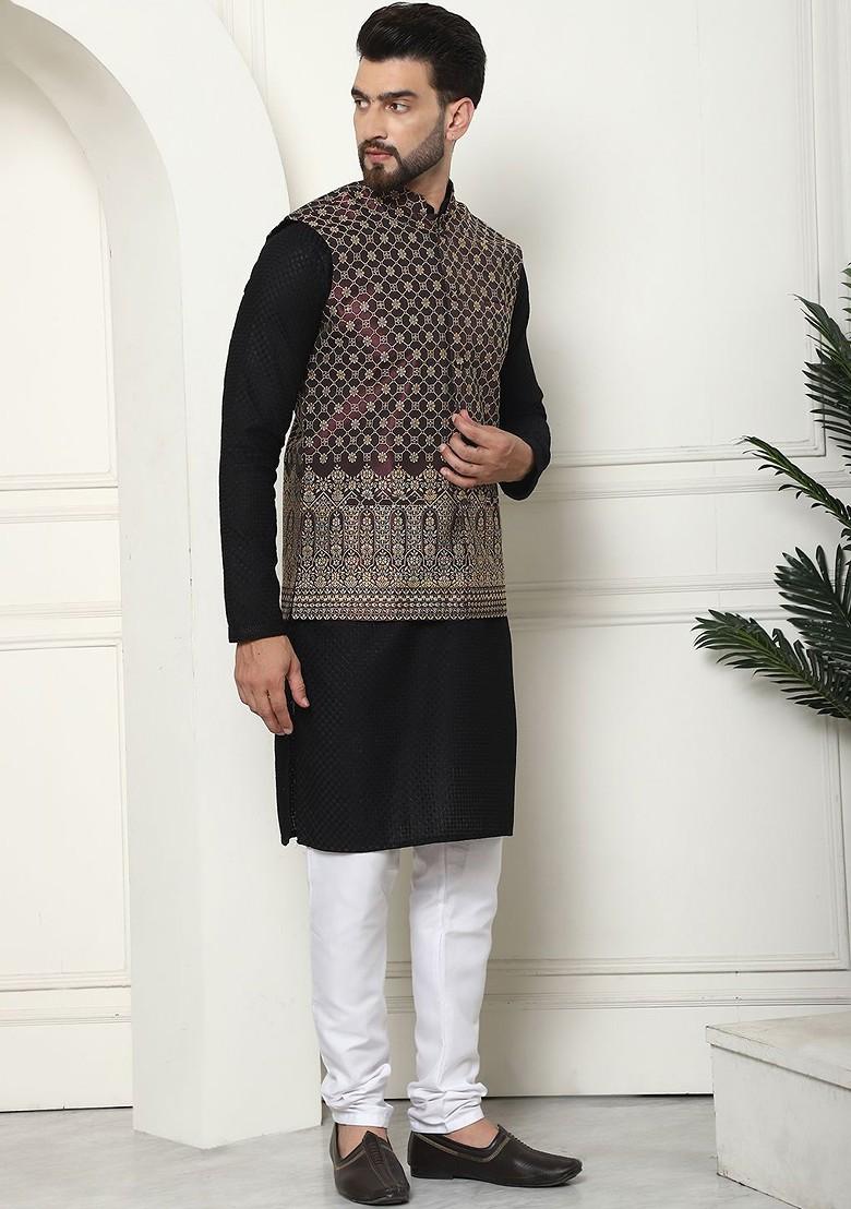 Black Thread Work Cotton Kurta Set For Men