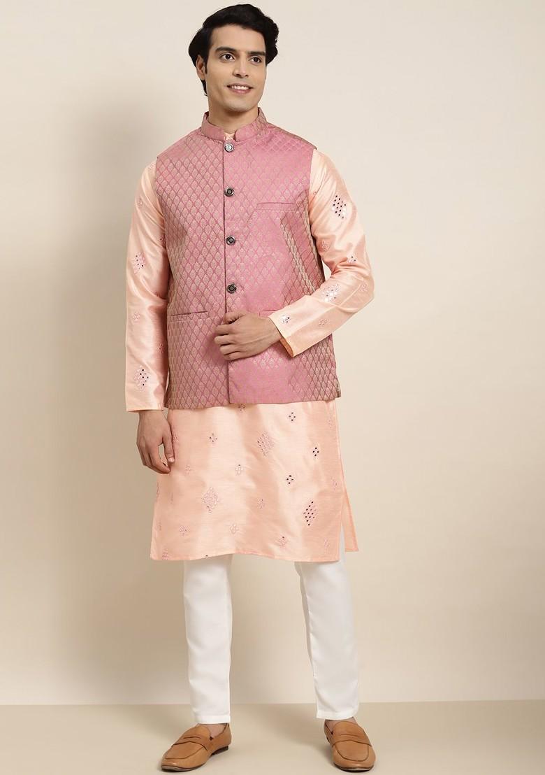 Peach Ethnic Motifs Poly Blend Kurta Set For Men