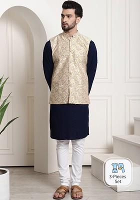 Navy Blue Embroidered Cotton Kurta Set For Men