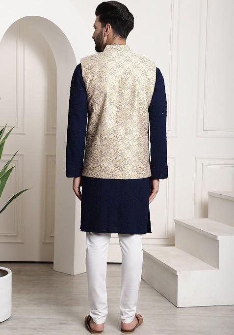 Navy Blue Embroidered Cotton Kurta Set For Men