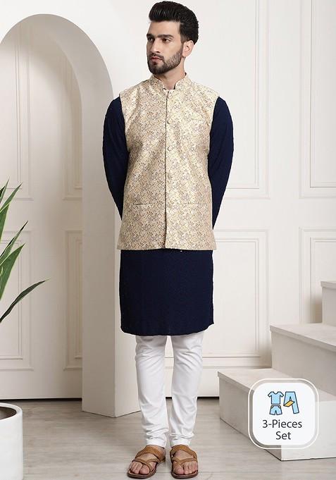 Navy Blue Embroidered Cotton Kurta Set For Men