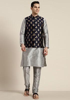 Grey Solid Poly Blend Kurta Set For Men