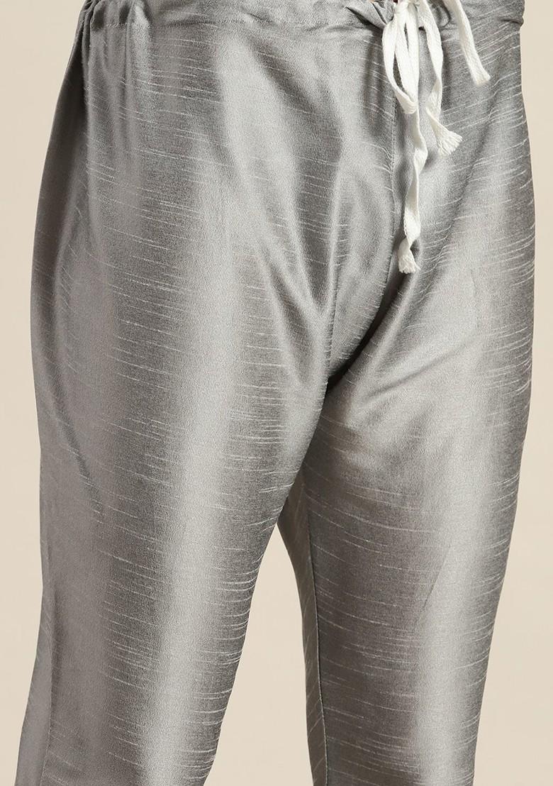 Grey Solid Poly Blend Kurta Set For Men