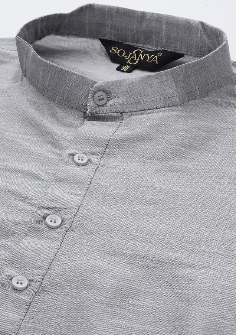 Grey Solid Poly Blend Kurta Set For Men