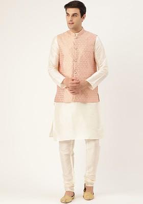 Off White Solid Poly Blend Kurta Set For Men
