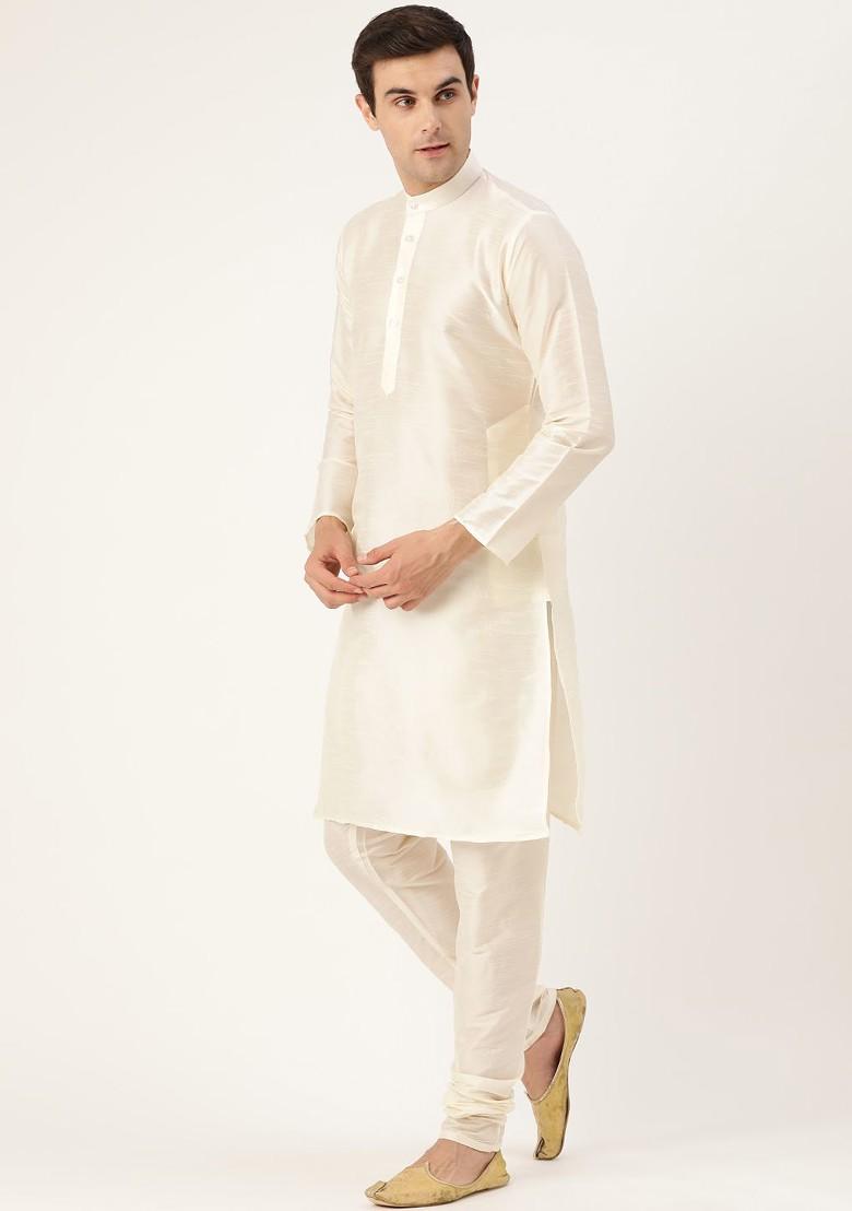 Off White Solid Poly Blend Kurta Set For Men
