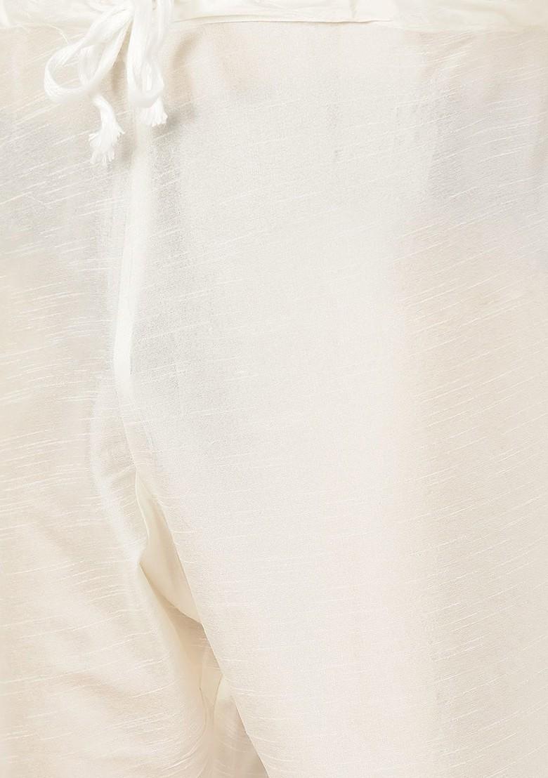 Off White Solid Poly Blend Kurta Set For Men