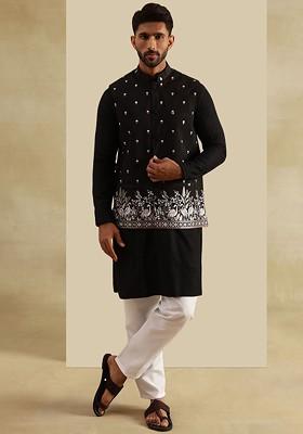 Black Embroidered Cotton Kurta Set For Men
