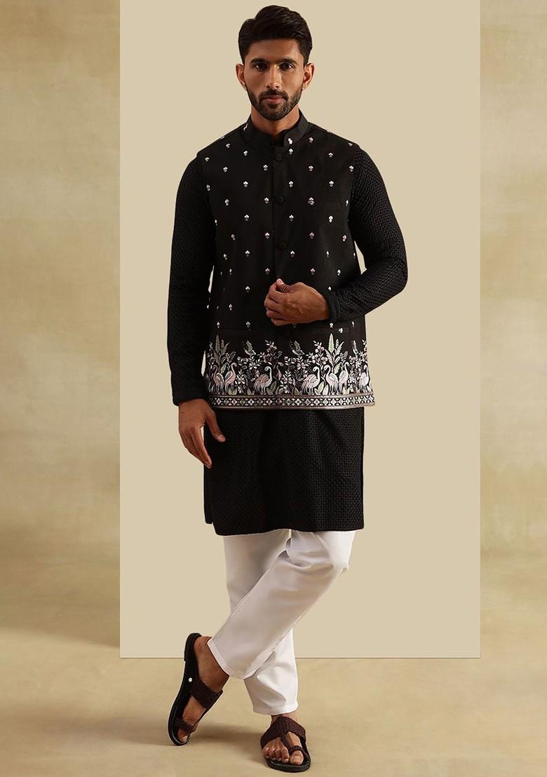 Black Embroidered Cotton Kurta Set For Men