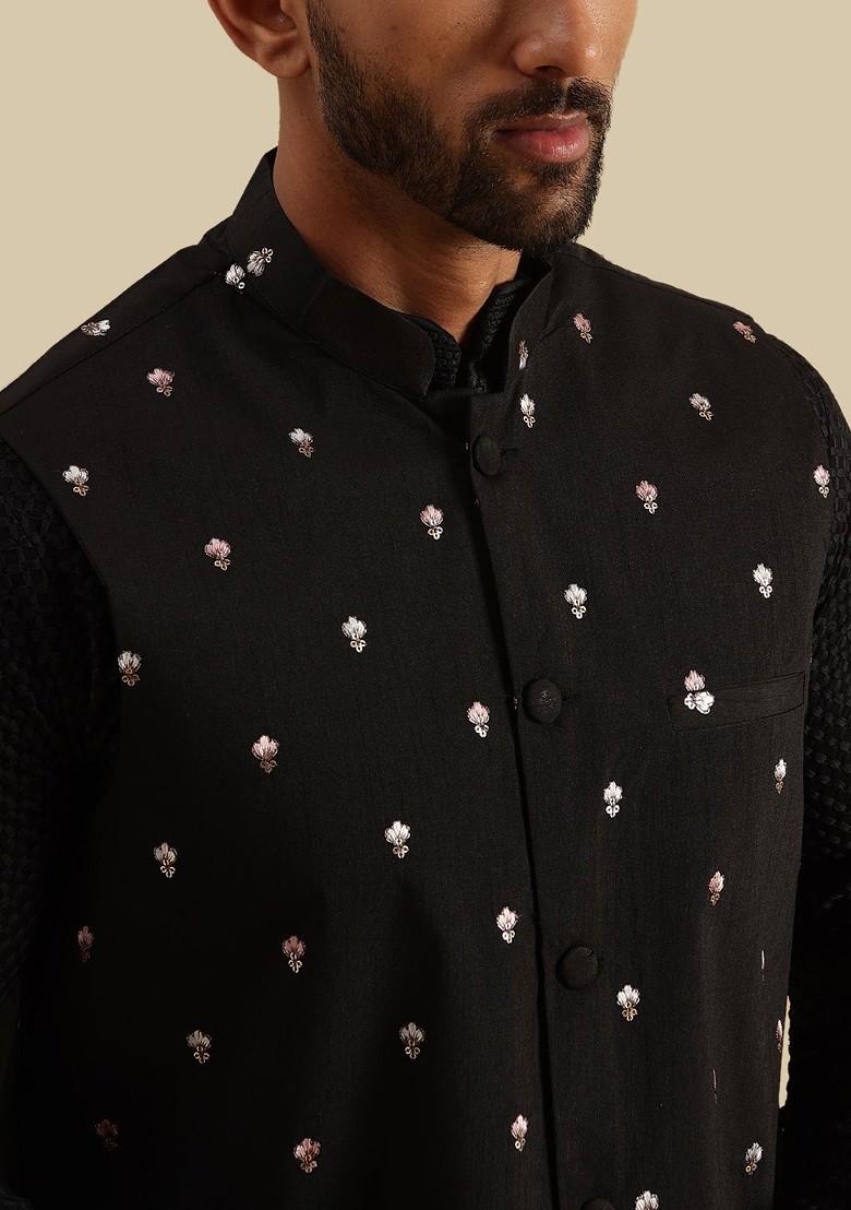 Black Embroidered Cotton Kurta Set For Men
