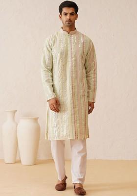Lime Green Embroidered Poly Blend Kurta Set For Men