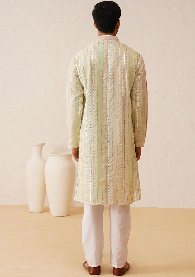 Lime Green Embroidered Poly Blend Kurta Set For Men