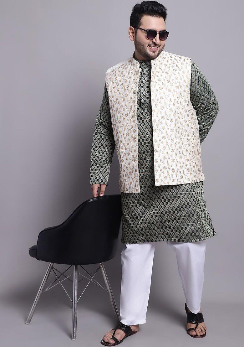 Green Woven Poly Blend Kurta Set For Men