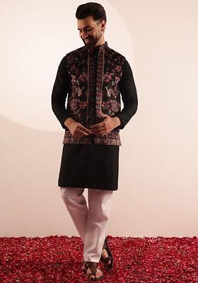 Black Printed Cotton Kurta Set For Men