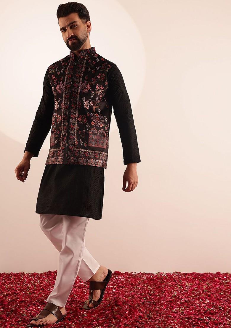 Black Printed Cotton Kurta Set For Men