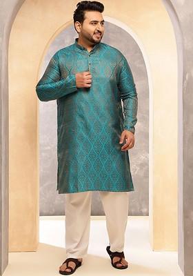 Teal Blue Ethnic Motifs Poly Blend Kurta Set For Men