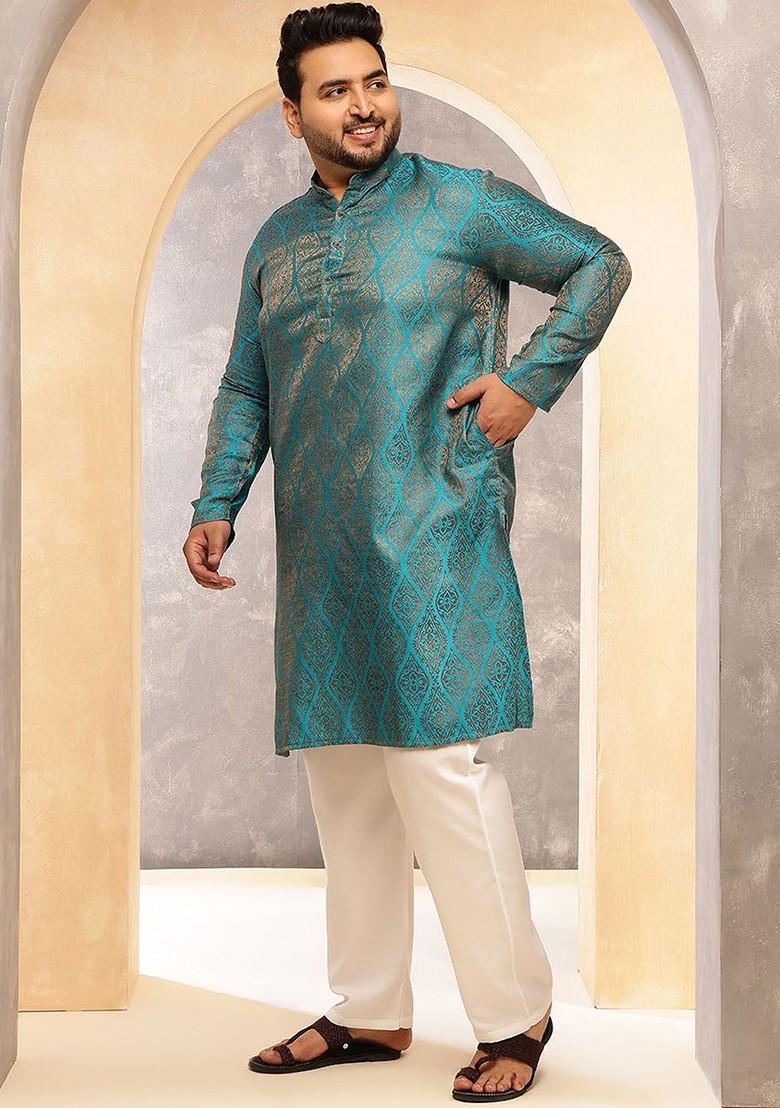 Teal Blue Ethnic Motifs Poly Blend Kurta Set For Men