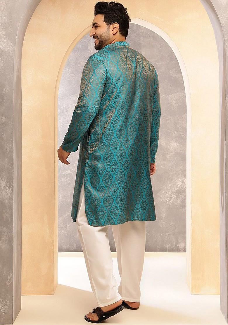 Teal Blue Ethnic Motifs Poly Blend Kurta Set For Men