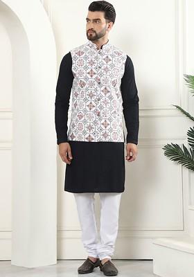 Black Thread Work Cotton Kurta Set For Men