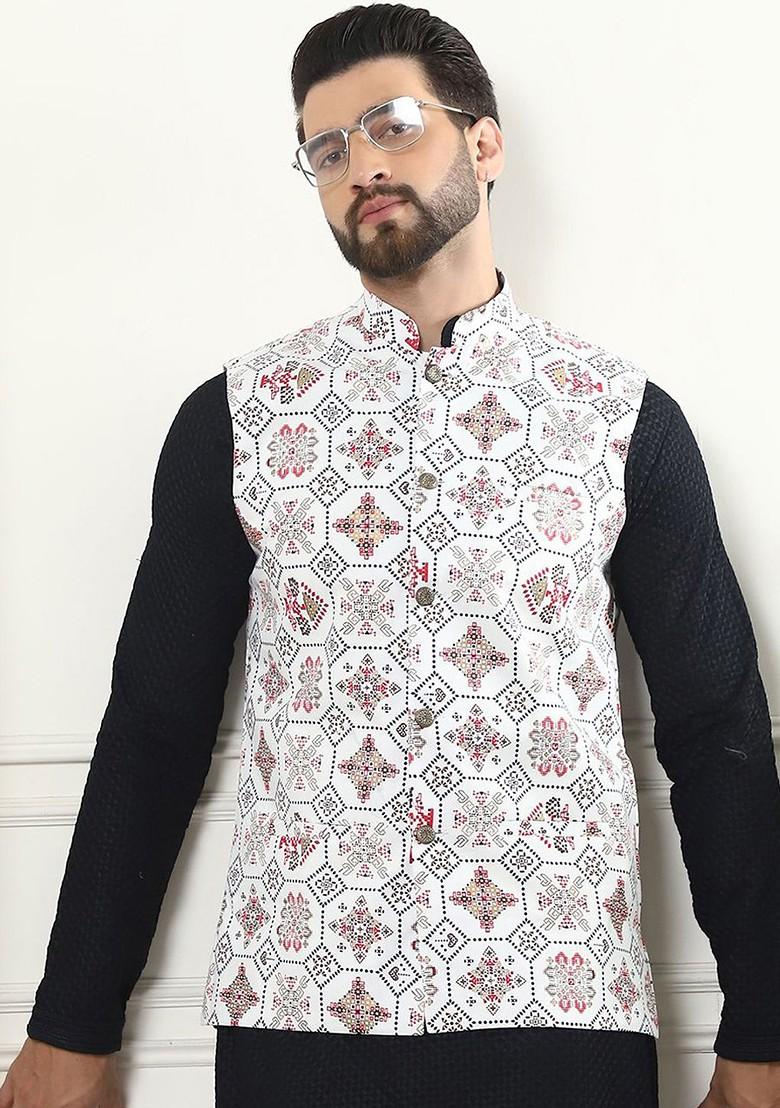 Black Thread Work Cotton Kurta Set For Men