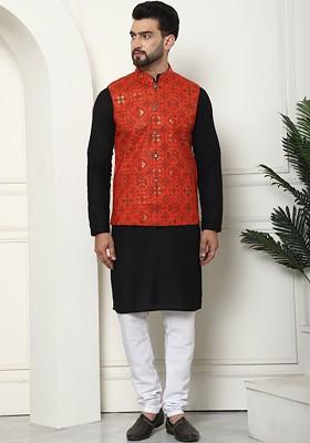 Black Thread Work Cotton Kurta Set For Men