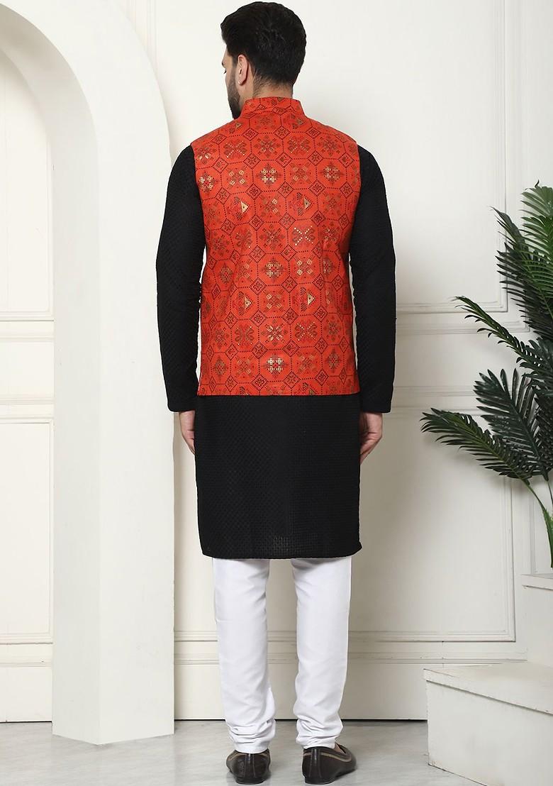 Black Thread Work Cotton Kurta Set For Men