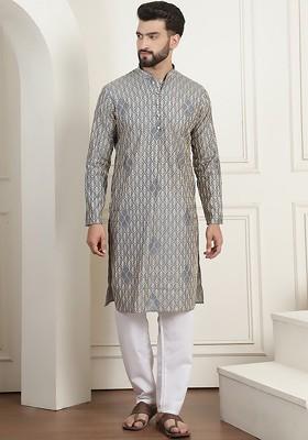 Grey Embroidered Cotton Kurta Set For Men