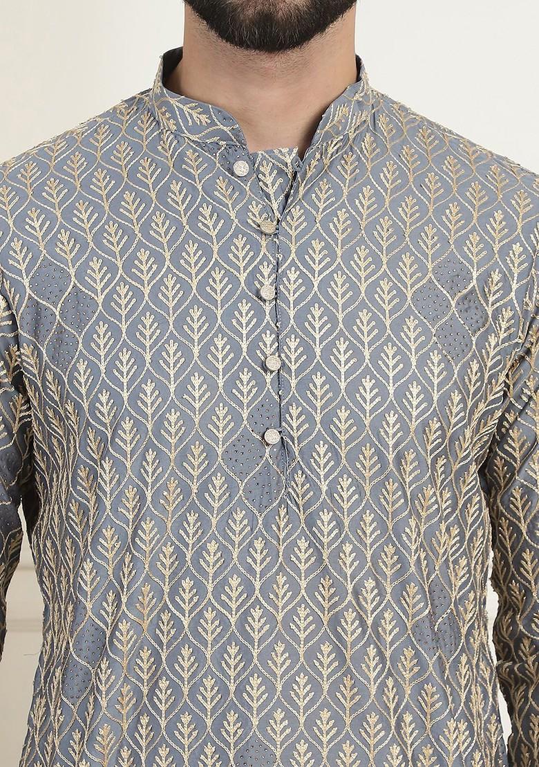 Grey Embroidered Cotton Kurta Set For Men