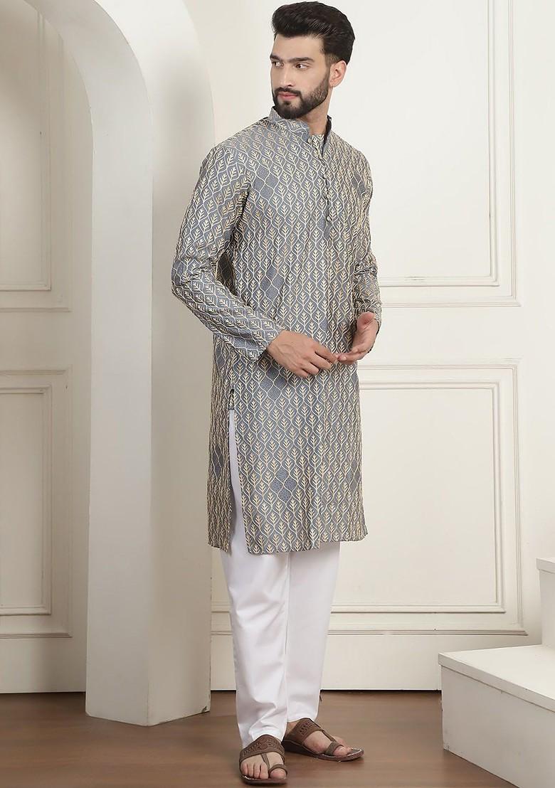 Grey Embroidered Cotton Kurta Set For Men
