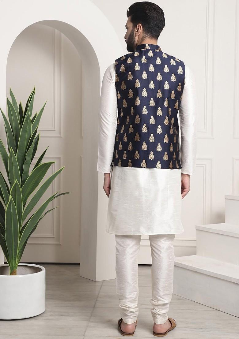 Cream Solid Poly Blend Kurta Set For Men