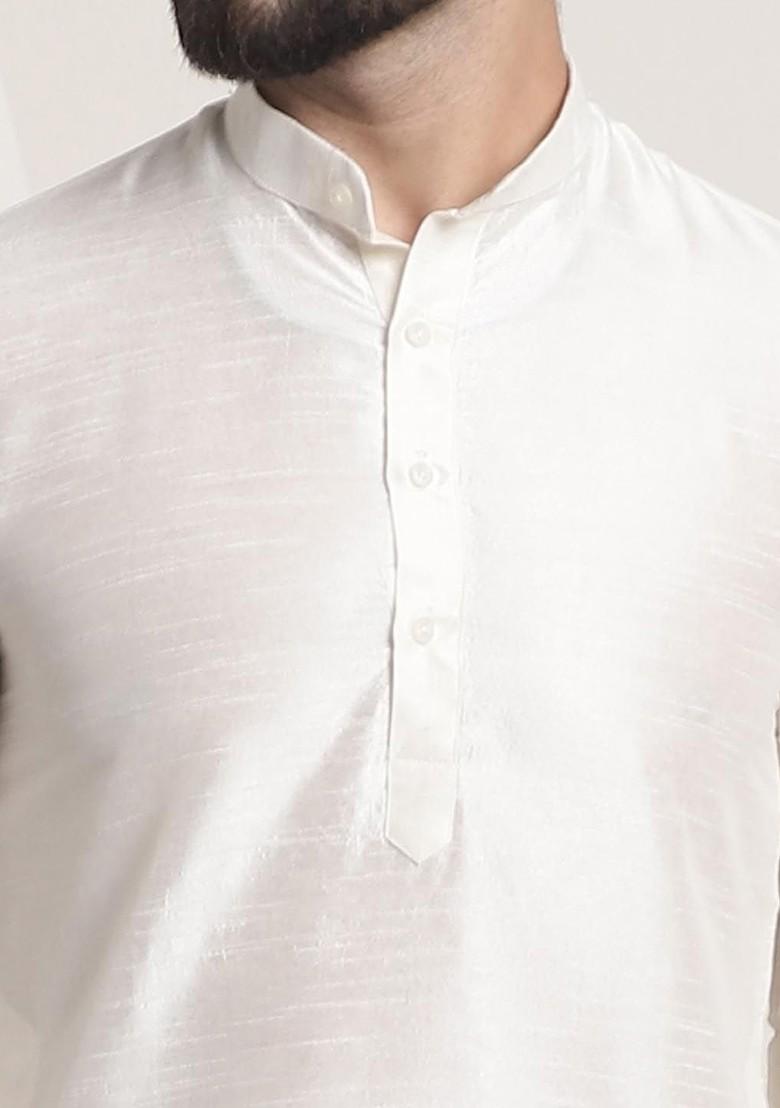 Cream Solid Poly Blend Kurta Set For Men