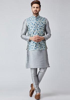 Grey Solid Poly Blend Kurta Set For Men