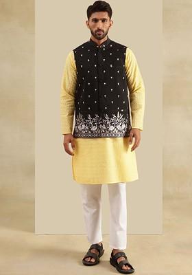 Yellow Sequin Embroidered Cotton Kurta Set For Men