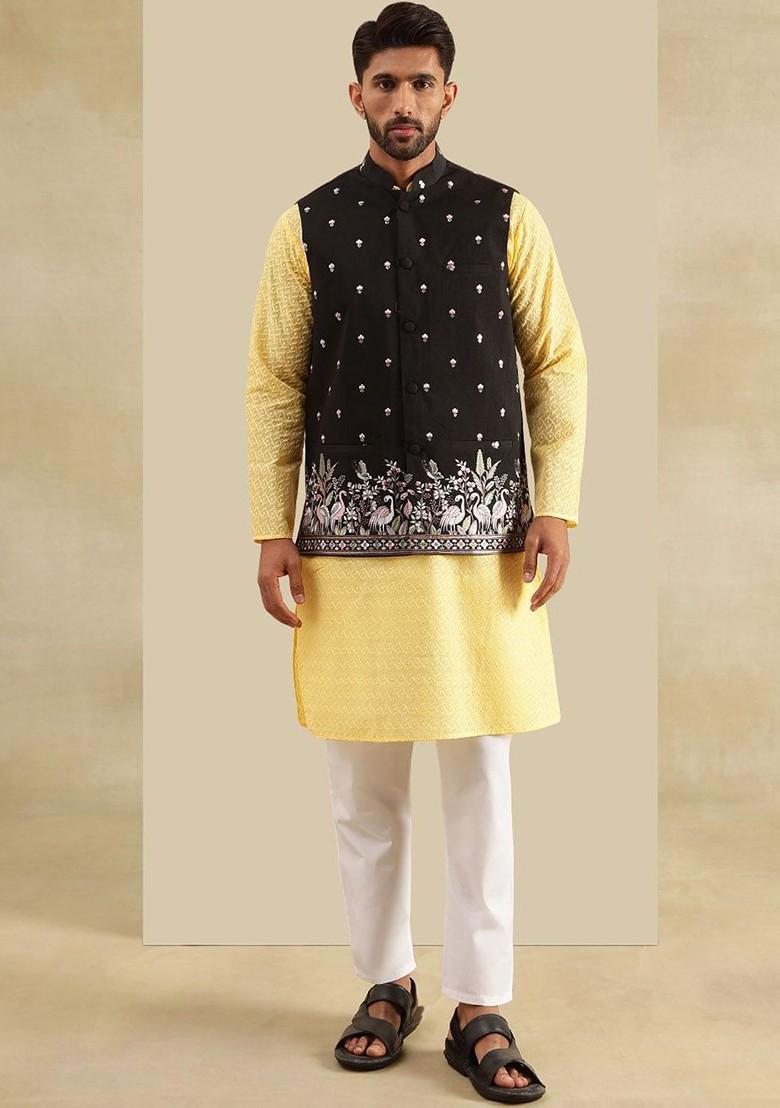 Yellow Sequin Embroidered Cotton Kurta Set For Men