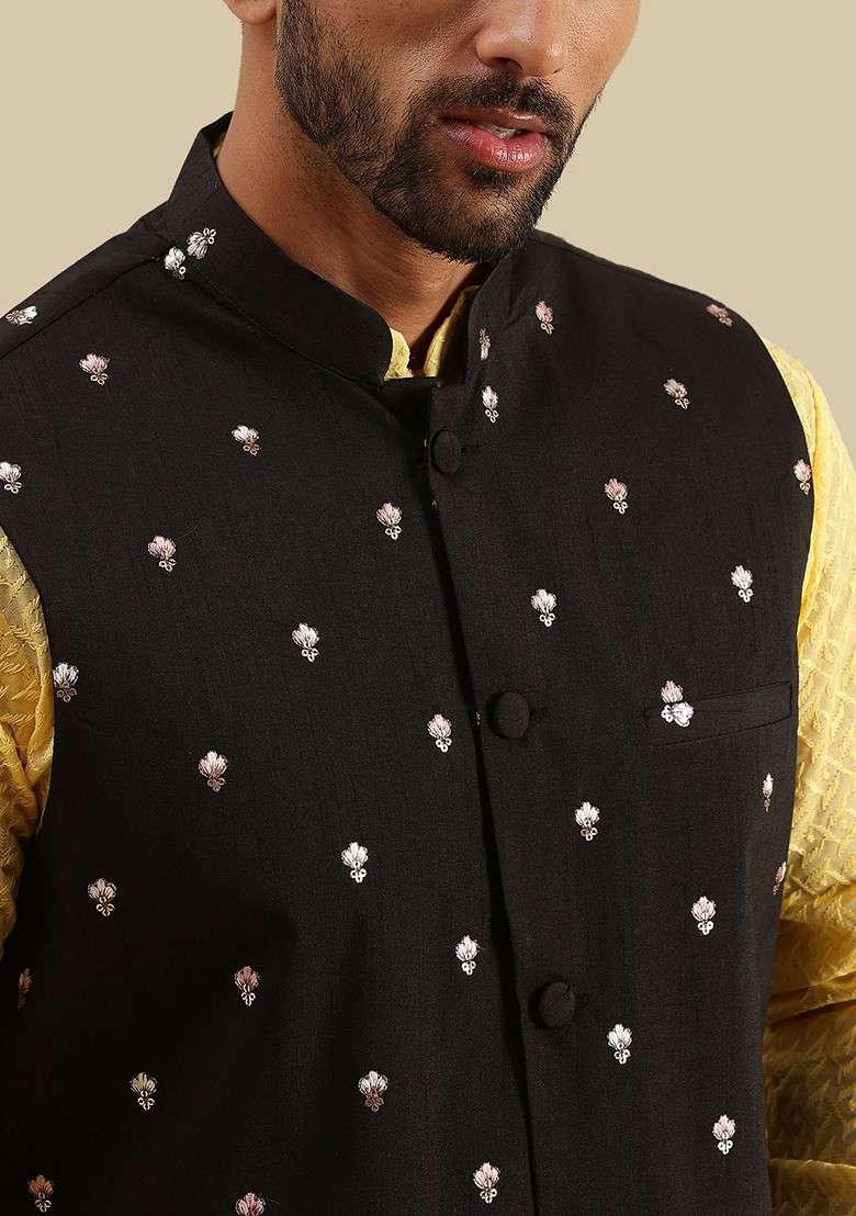 Yellow Sequin Embroidered Cotton Kurta Set For Men - Indya