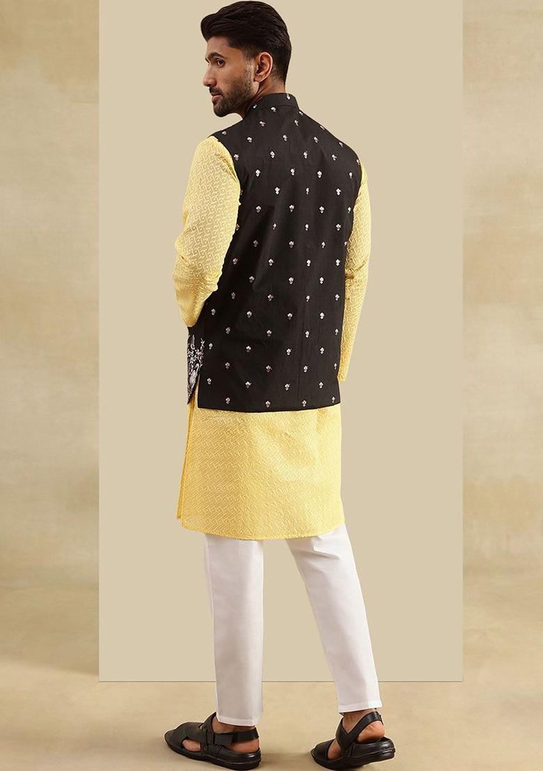 Yellow Sequin Embroidered Cotton Kurta Set For Men