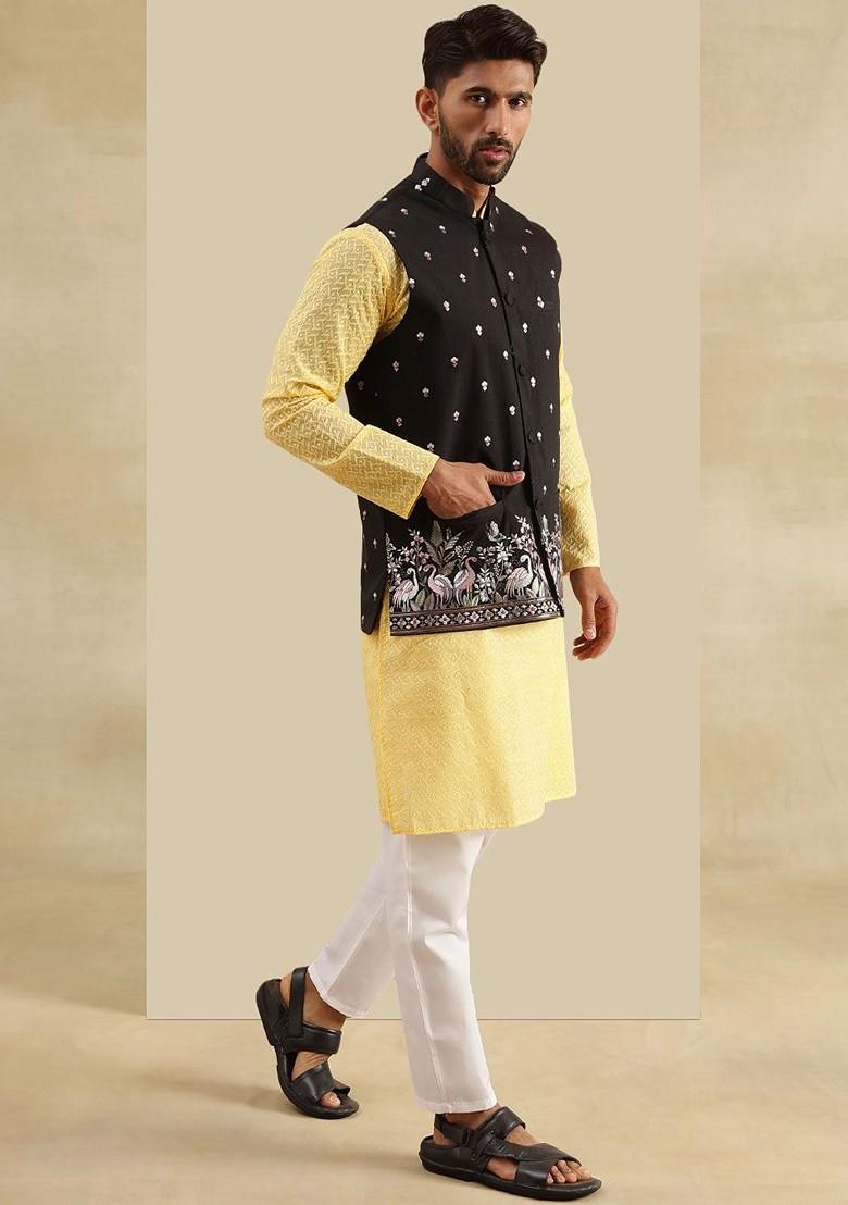 Yellow Embroidered Cotton Kurta Set For Men