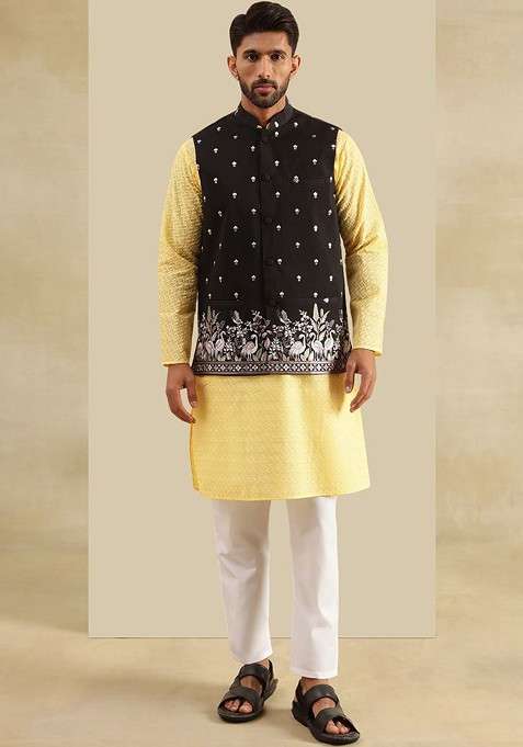 Yellow Embroidered Cotton Kurta Set For Men