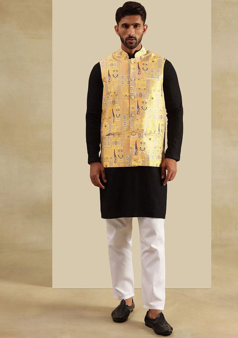 Black Woven Cotton Kurta Set For Men
