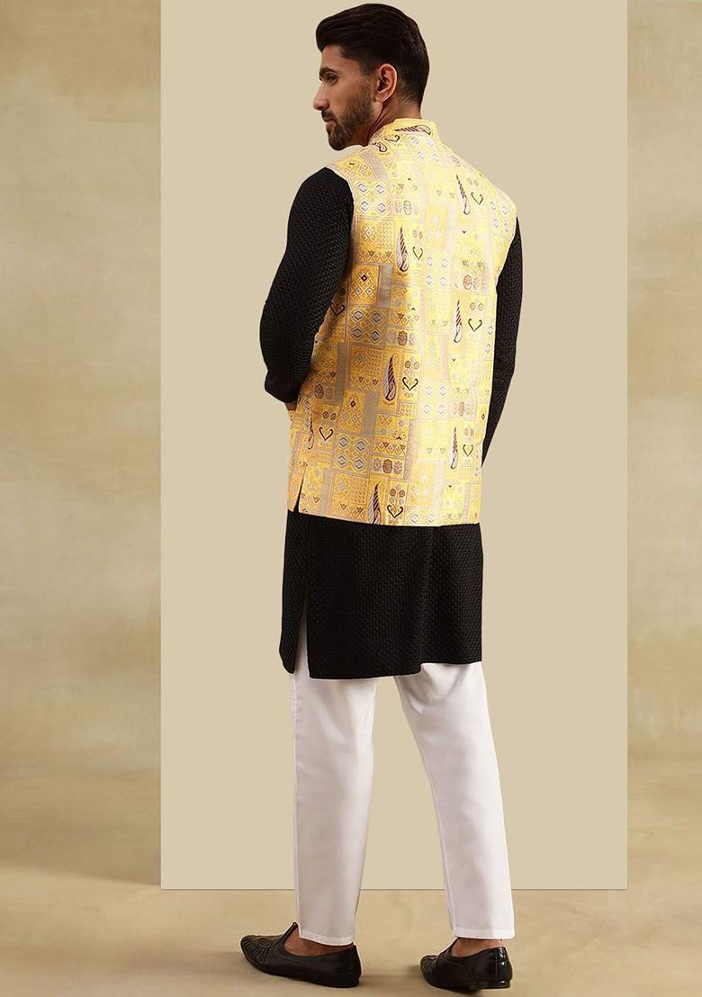 Black Woven Cotton Kurta Set For Men