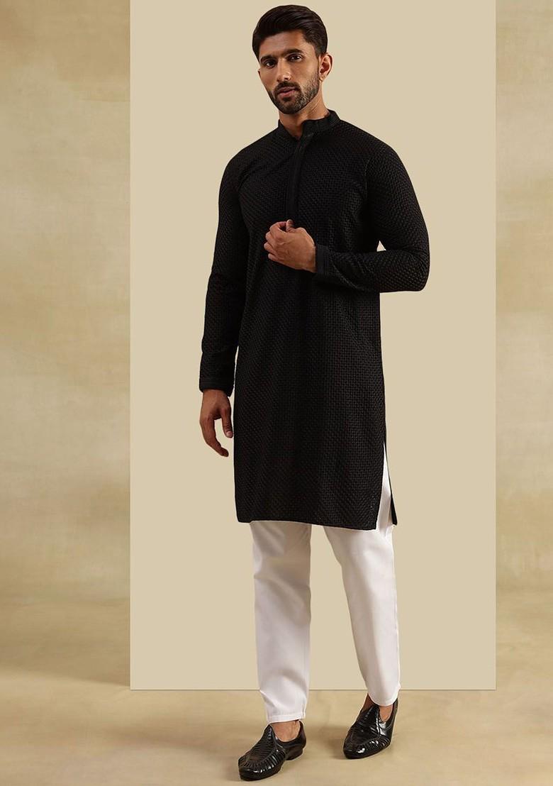 Black Woven Cotton Kurta Set For Men