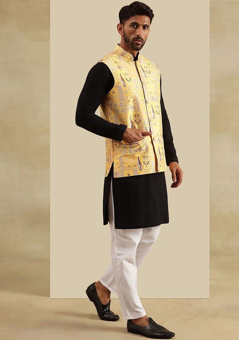 Black Woven Cotton Kurta Set For Men