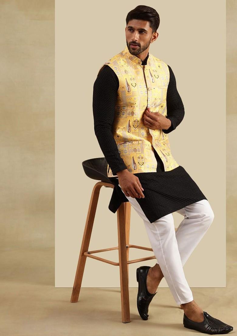 Black Woven Cotton Kurta Set For Men