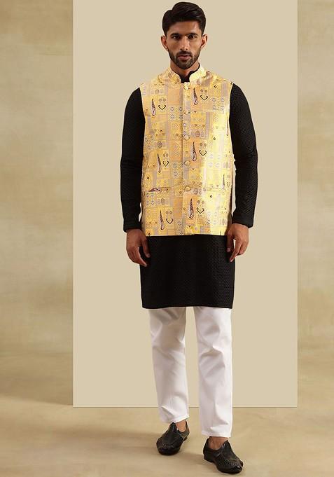 Black Woven Cotton Kurta Set For Men