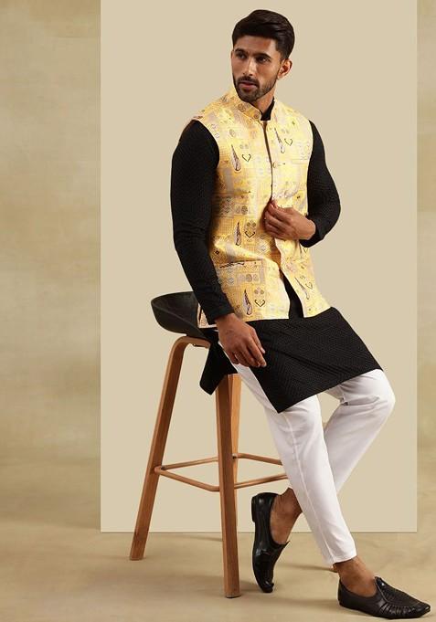 Black Woven Cotton Kurta Set For Men